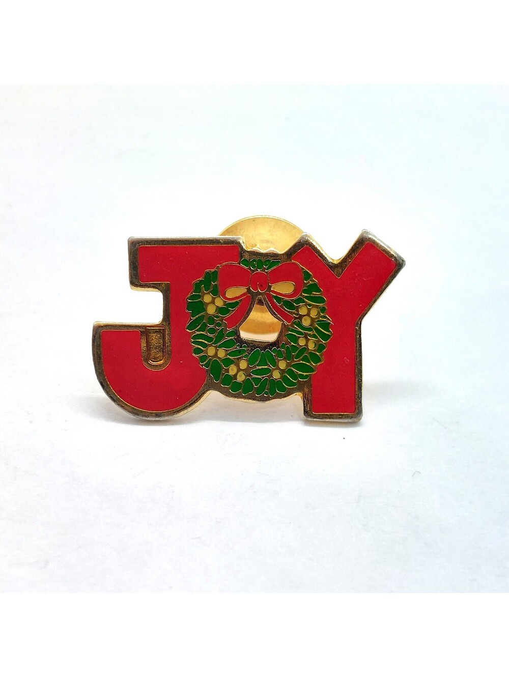 Vintage JOY Christmas Wreath Pin Holiday Enamel Letters Red Green Lapel